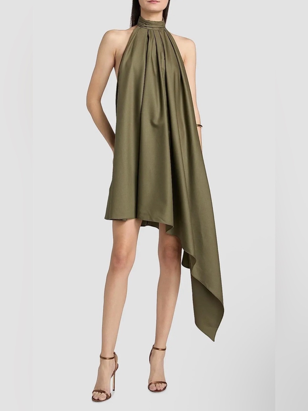 NWT: Ronny Kobo Fleur Asymmetrical Olive Halter Mini Dress, sz Sm ($498 retail)